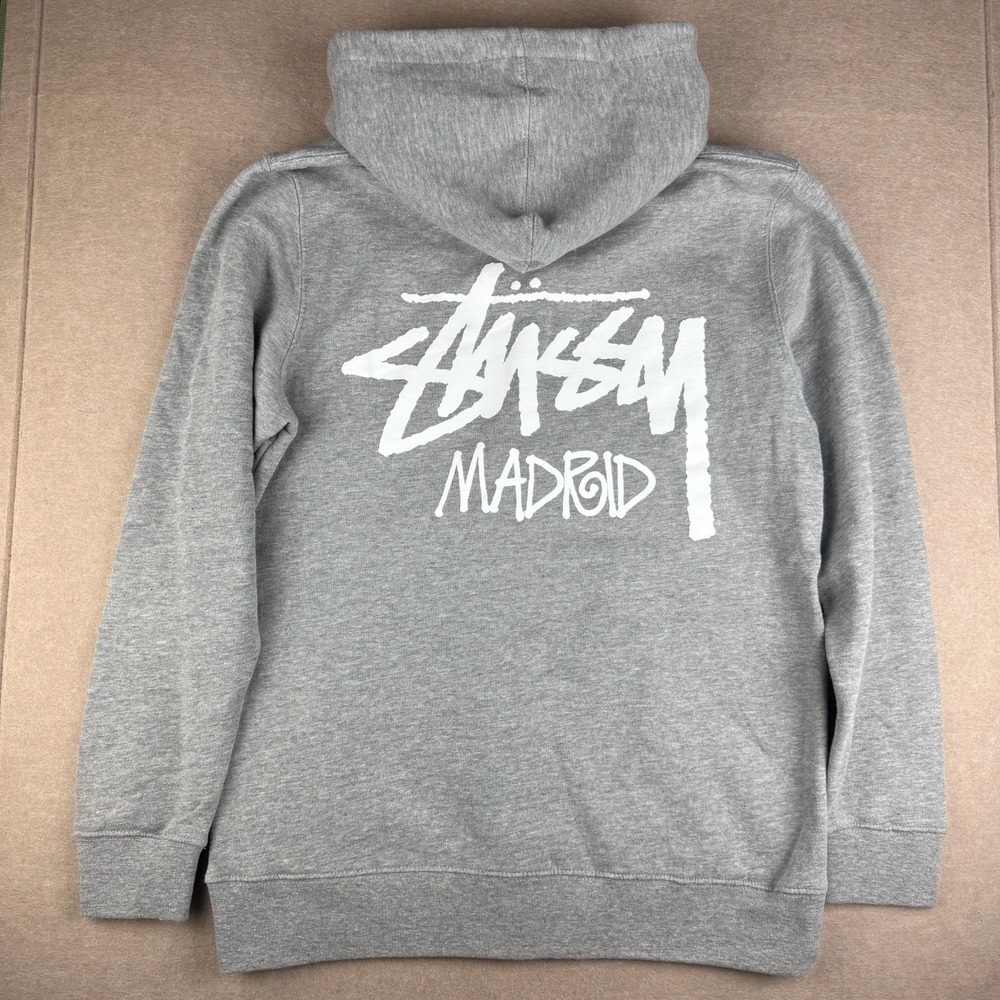 Stussy Madrid Zip‎ Hoodie Mens L Gray Streetwear Logo Pullover Sweatshirt USA